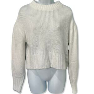 H&M White Chunky Knit Balloon Sleeve Crew Neck Oversize Sweater sz S Minimalist